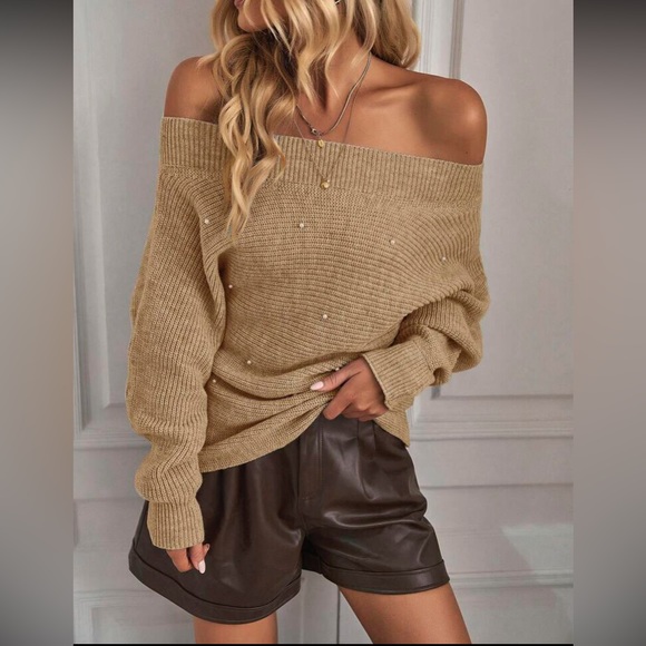 Cozy khaki Off Shoulder Oversized Sweater Top LAST PACK - Picture 4 of 6